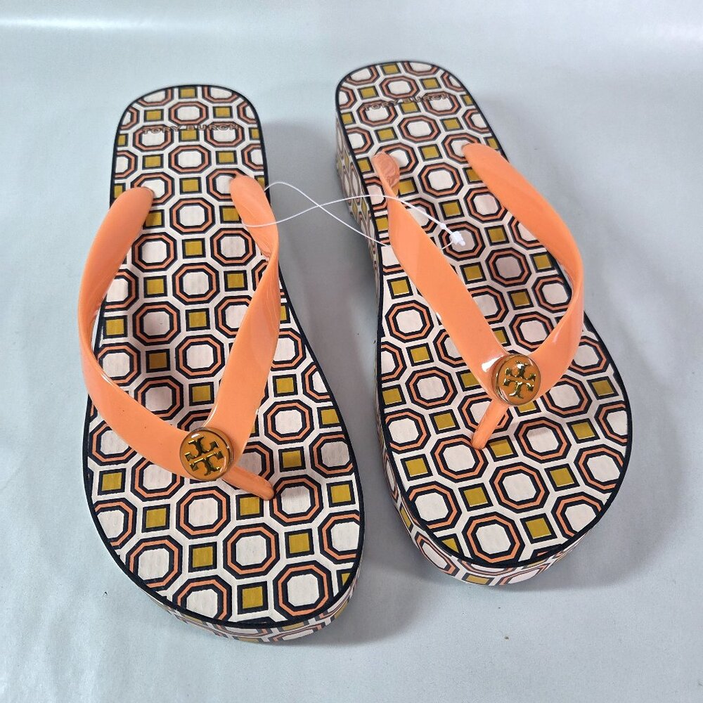 NWOT Tory Burch Geometric Print Orange Black Yellow Platform Sandals Size 8